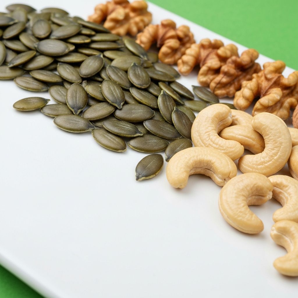 Pumpkin seeds and healthy nuts on white surface